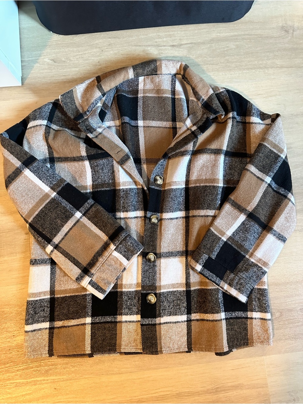 Amazon Plaid Button-Front Pea Coat in Black and Tan
